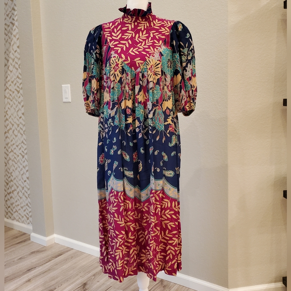 Vintage Boho Cottagecore Mix-print Midi Dress, Short Puff Sleeve, Wm's 7/8, EUC
